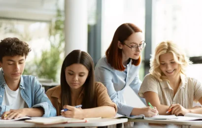 Un groupe d'étudiants concentrés sur leurs études dans une salle de classe, entourés de livres et de matériel scolaire.